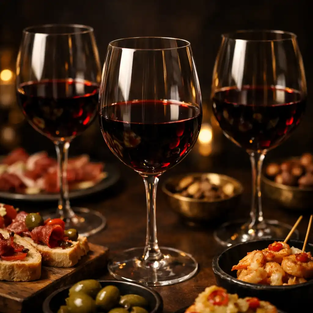 Borkóstoló asztal vörösborokkal és tapas fogásokkal