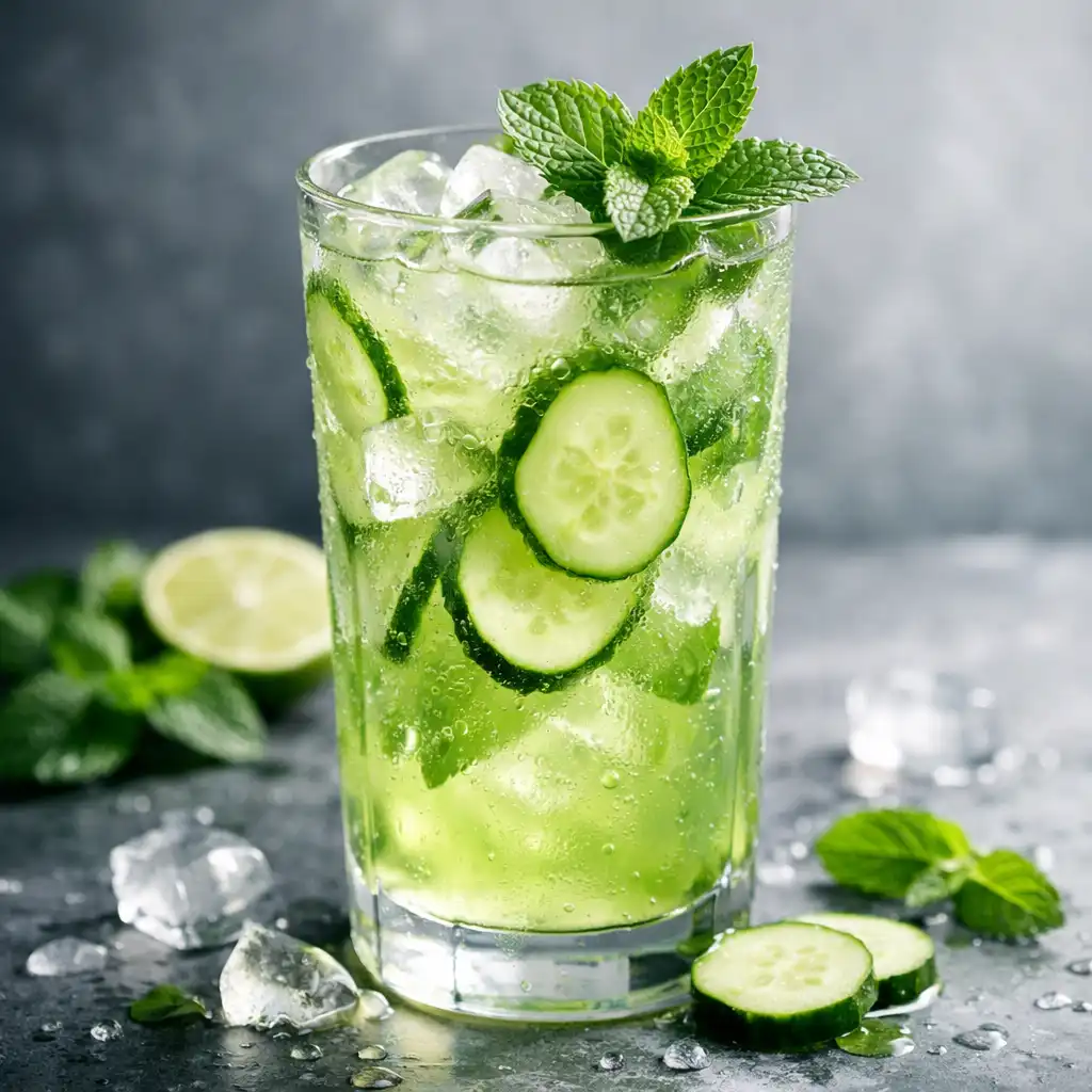Cucumber Cooler alkoholmentes koktél magas pohárban, uborkaszeletekkel és mentával