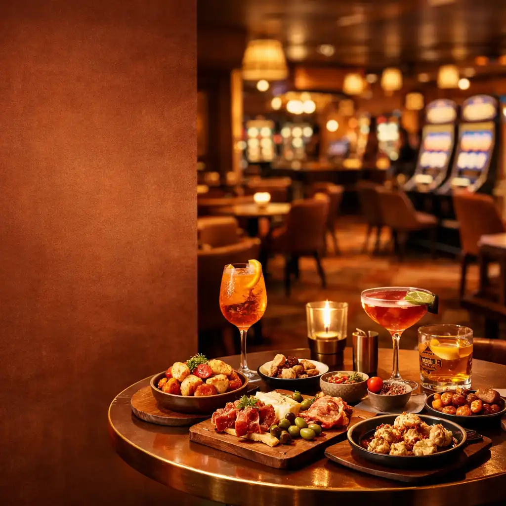 Elegáns bistro belső tér a kaszinóban, meleg terrakotta és bronz tónusokkal