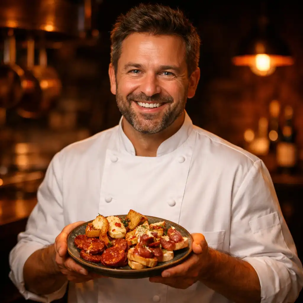Kovács Péter séf portréja fehér kabátban, kezében tapas tányérral