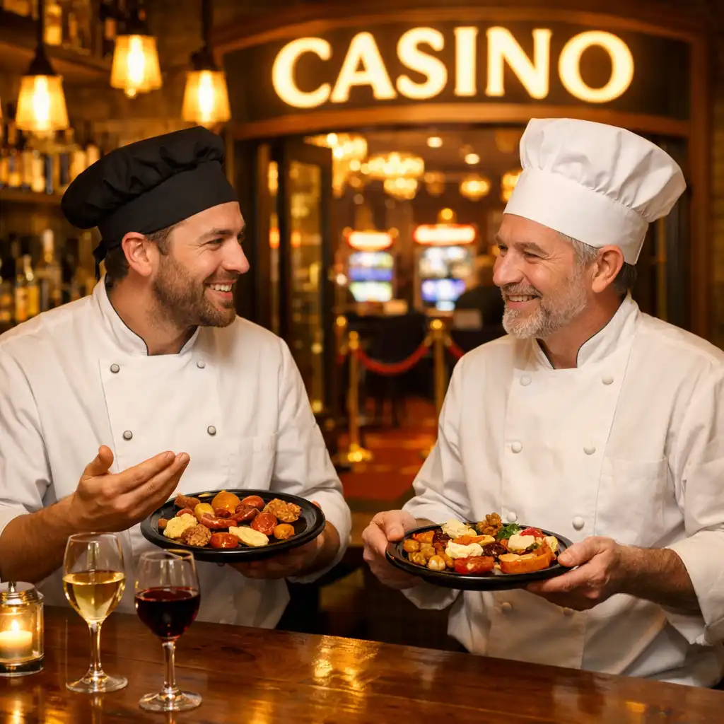 Két séf beszélget a bárpultnál, kezükben tapas tányérral, a háttérben a kaszinó bejárata