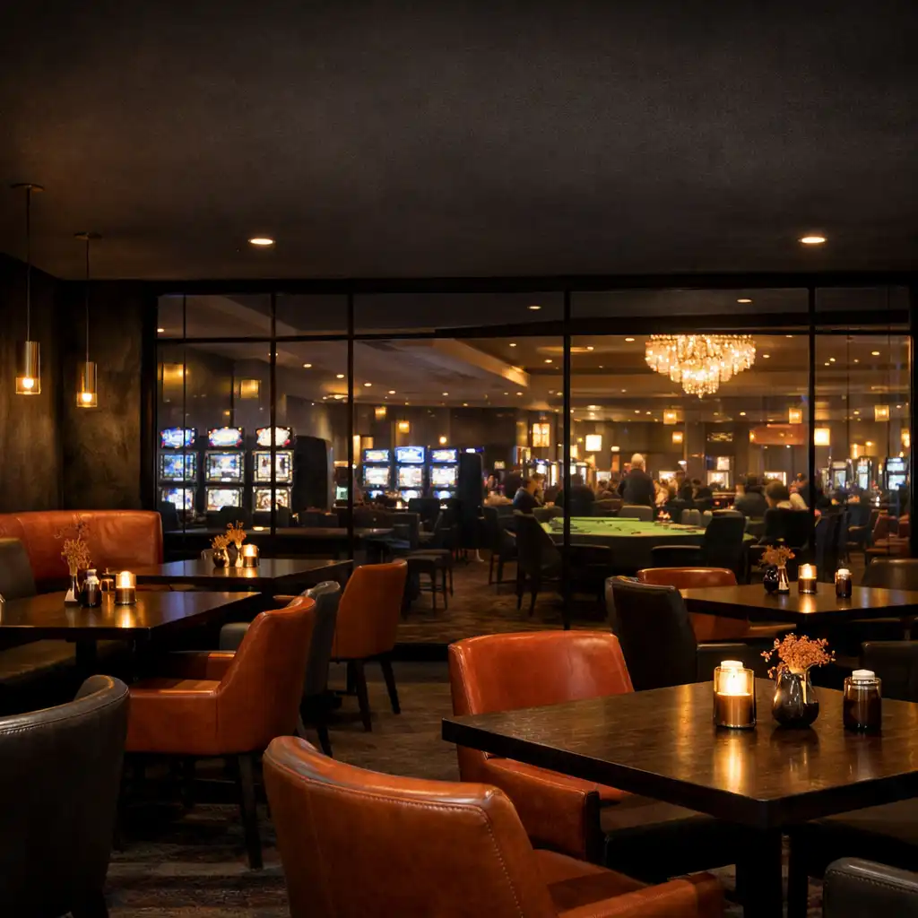 Modern bistro lounge belső tér, háttérben a kaszinóterem látható