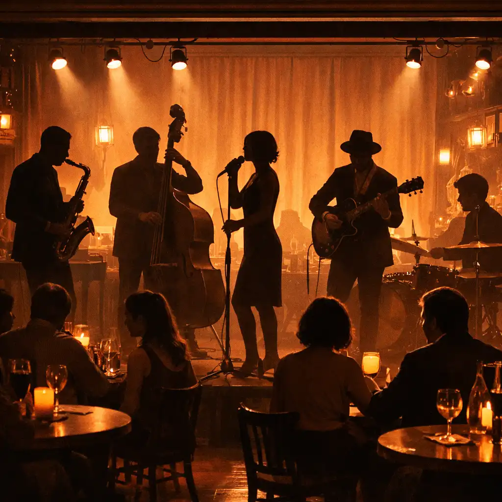 Élő jazz zenekar a bistro színpadán, meleg fényekben