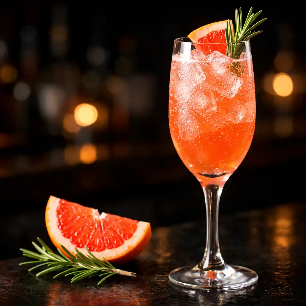 Falatsarok Fizz koktél elegáns pohárban, grapefruit szelettel és rozmaring ággal
