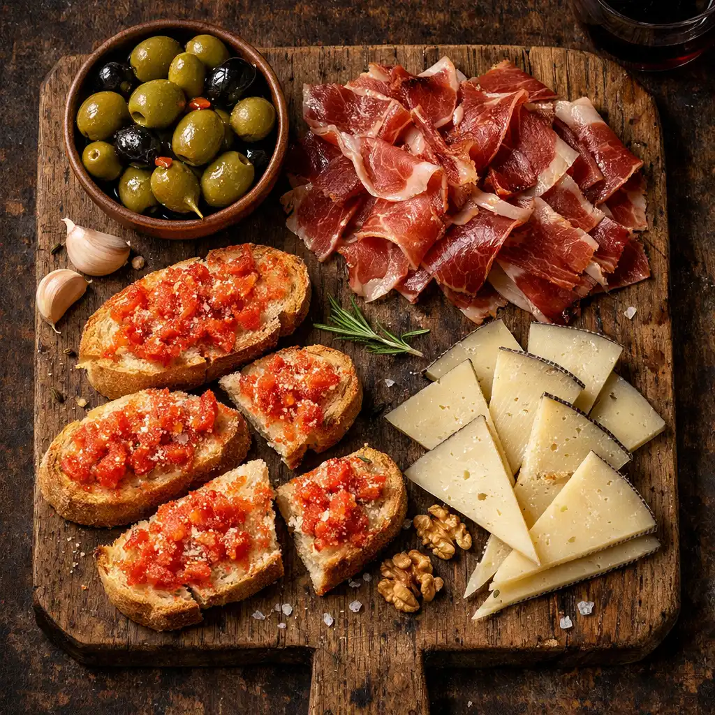 Spanyol tapas válogatás jamónnal, olajbogyóval és manchego sajttal